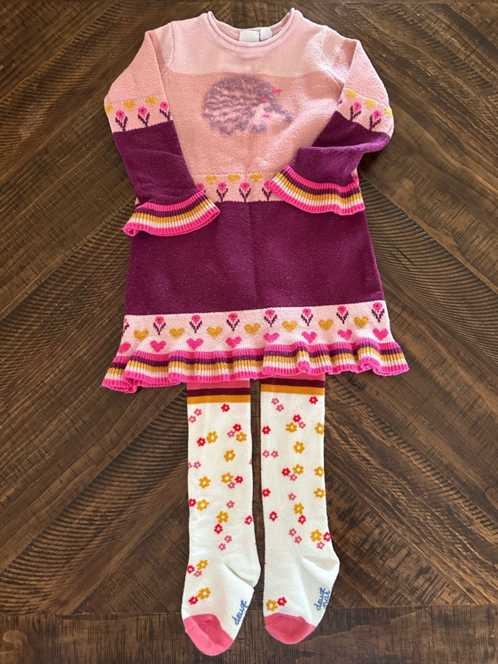 Deux Par Deux Girls Pink & Purple Hedgehog Sweater Dress with Floral Tights
